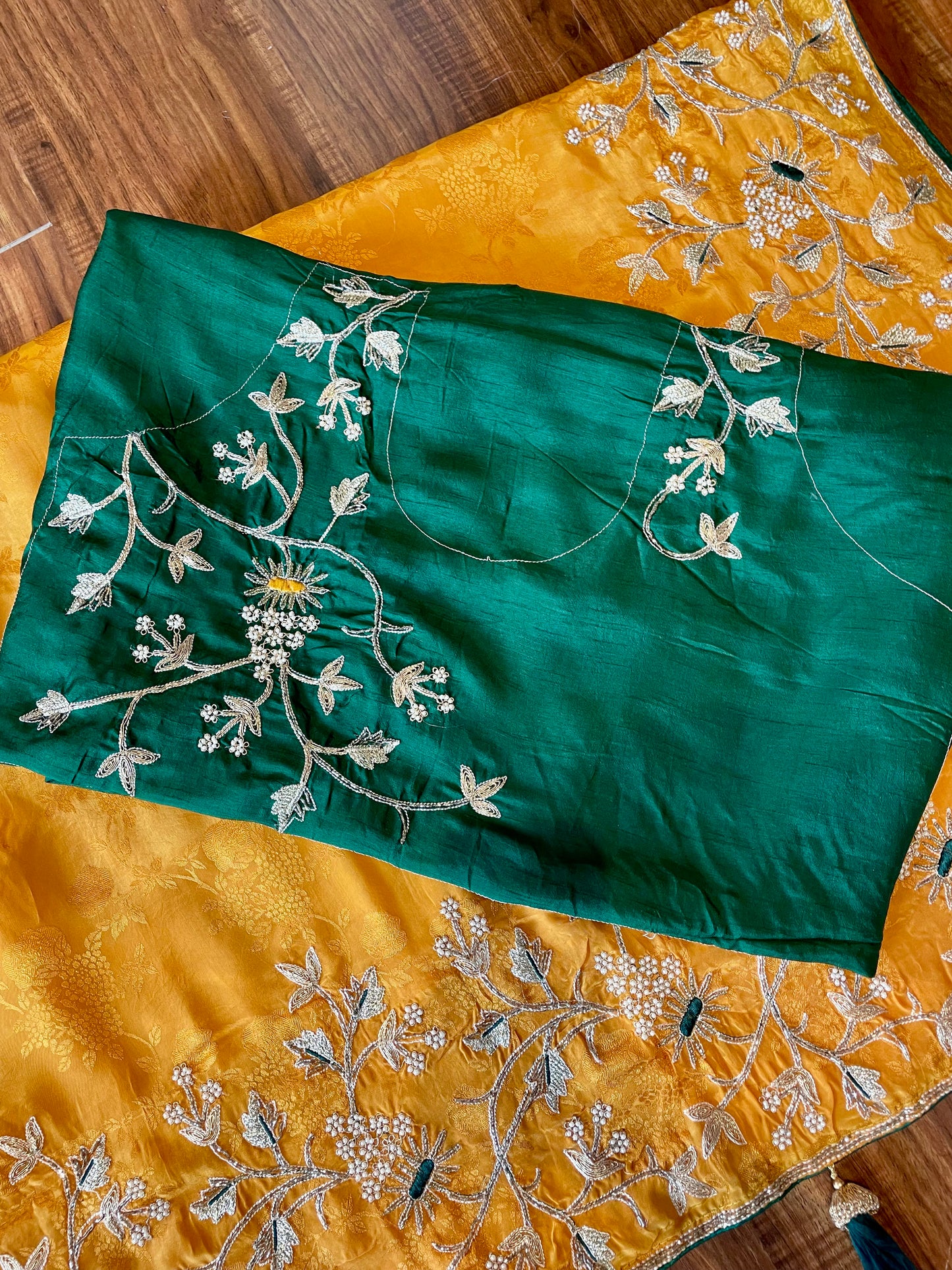 Golden Opulence Self-Jacquard Saree with Pearl & Zardozi Embroidery