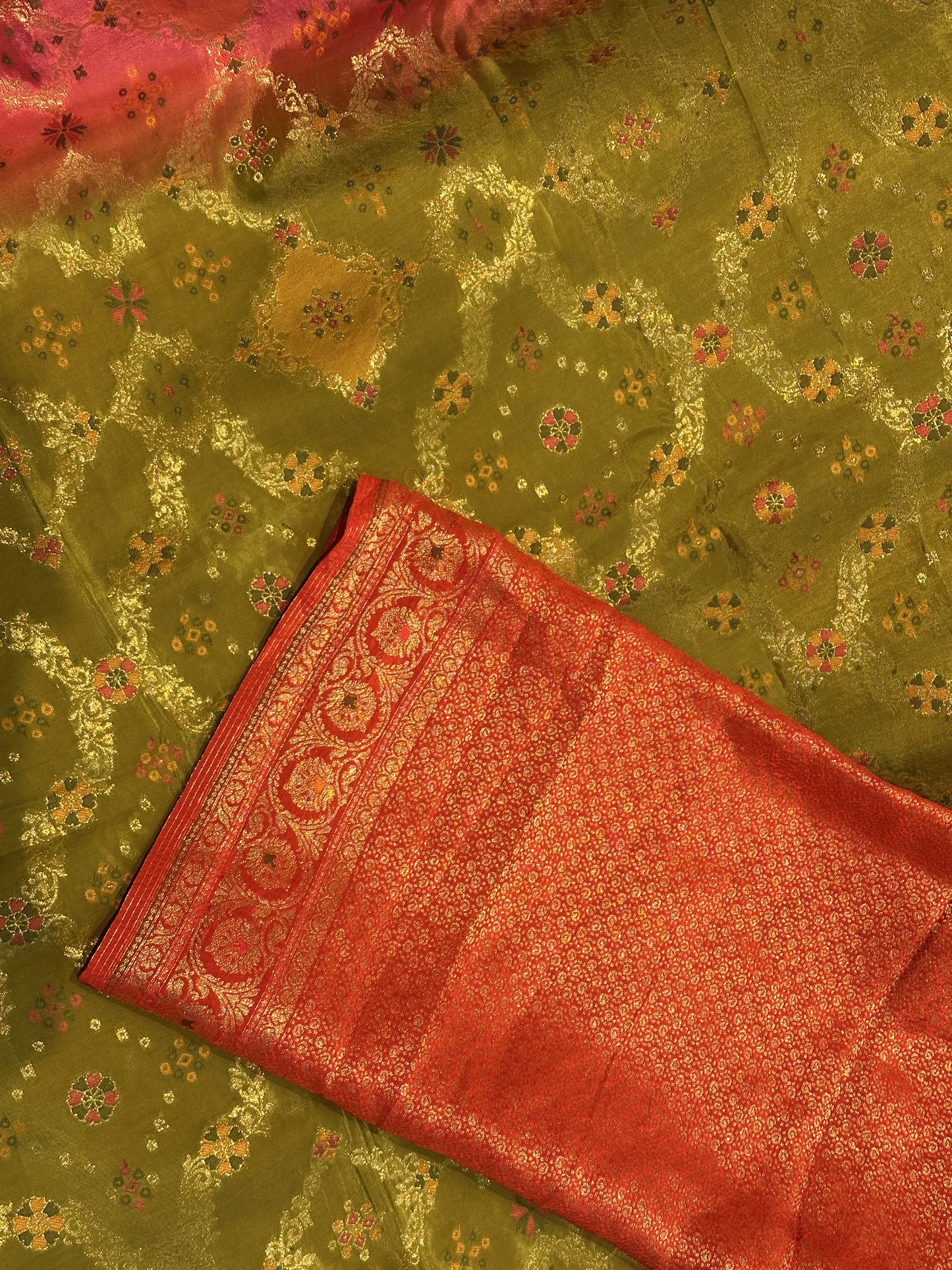 Crimson Green Silk Saree with 3-Dye Bandhej & Jacquard Blouse