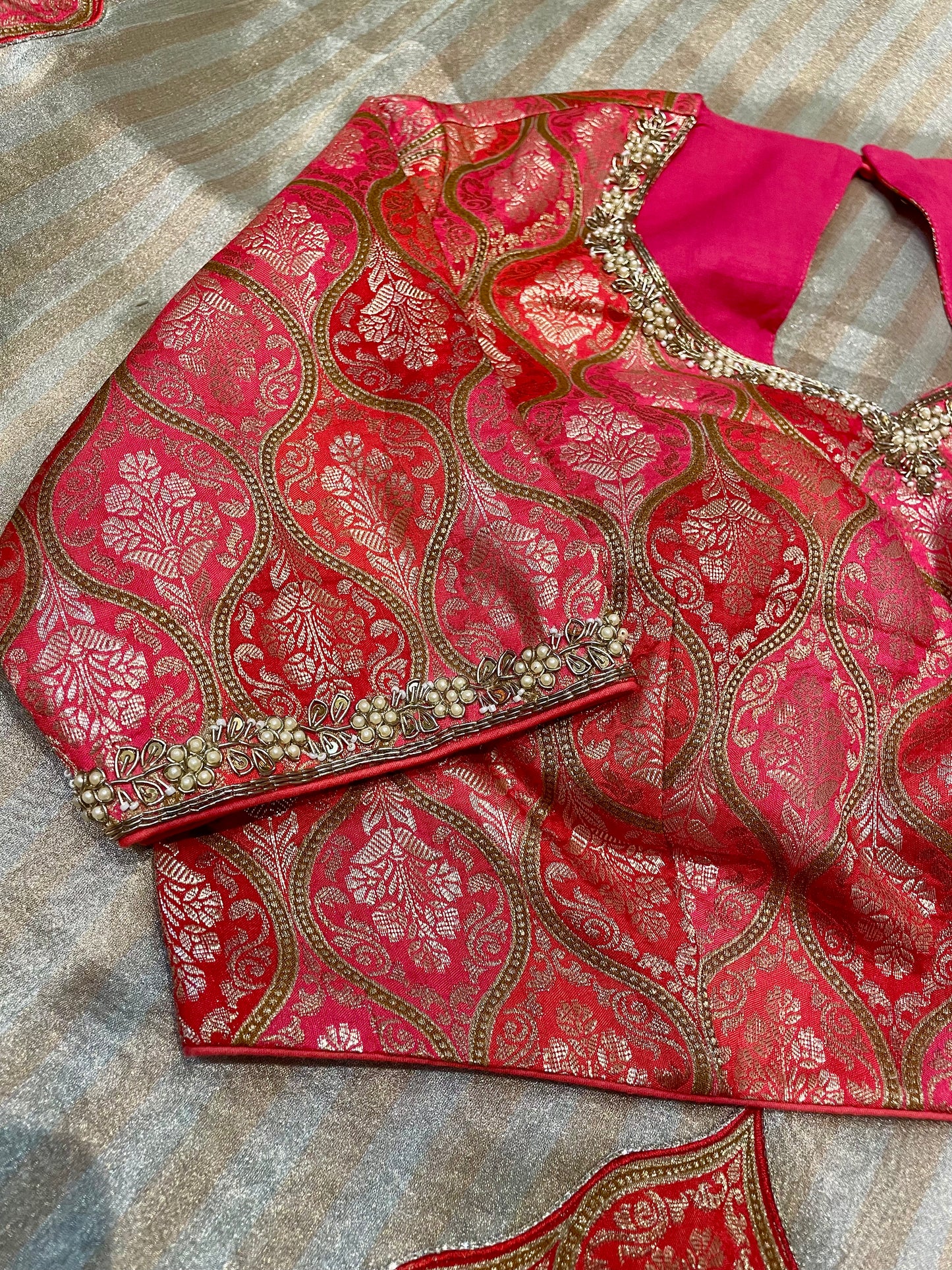 Golden Stripes Tissue Saree with Patchwork Pallu & Red Blouse