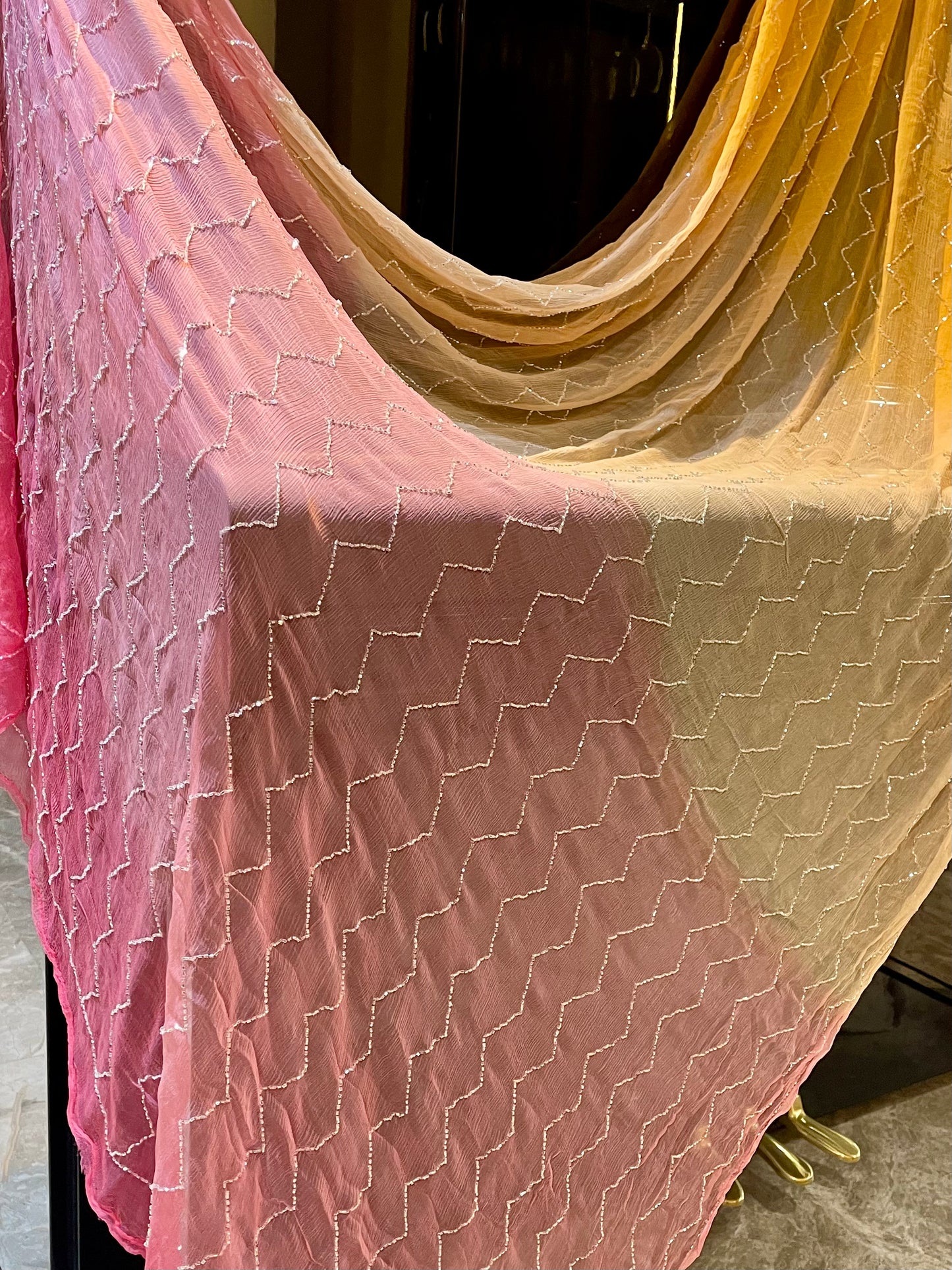 Rainbow Wave Chiffon Saree with Kardhana Leher Work