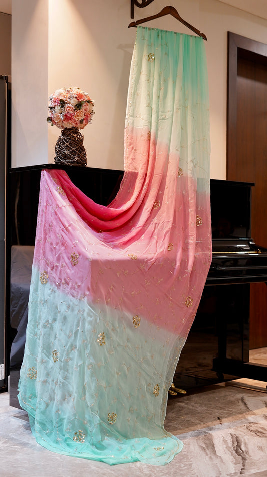 Celestial Cascade Chiffon Saree in Blue-Pink Ombre with Kasab Jaal & Sequin Floral Motifs