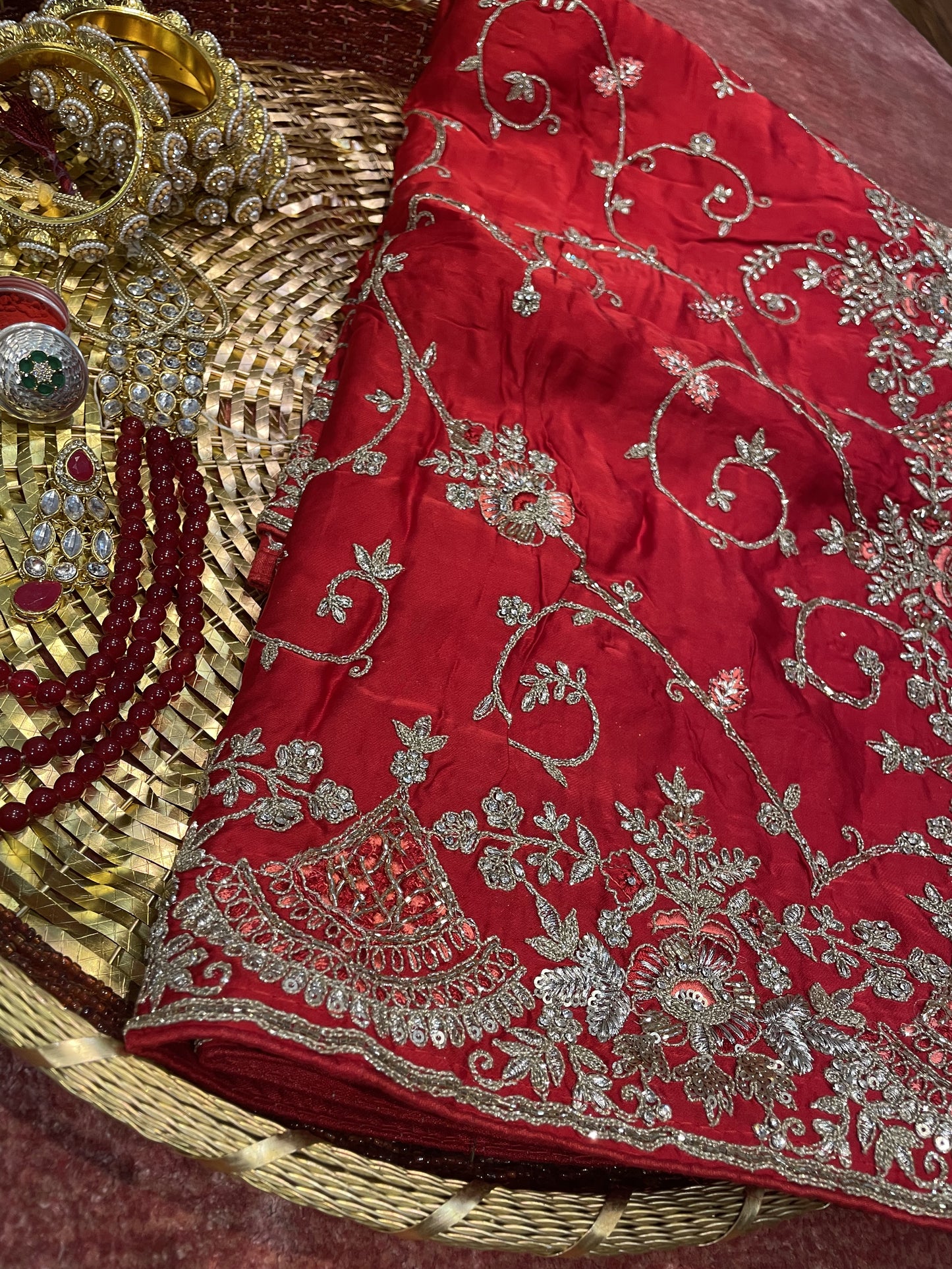 Crimson Majesty Satin Crepe Saree with Heavy Zardozi Embroidery