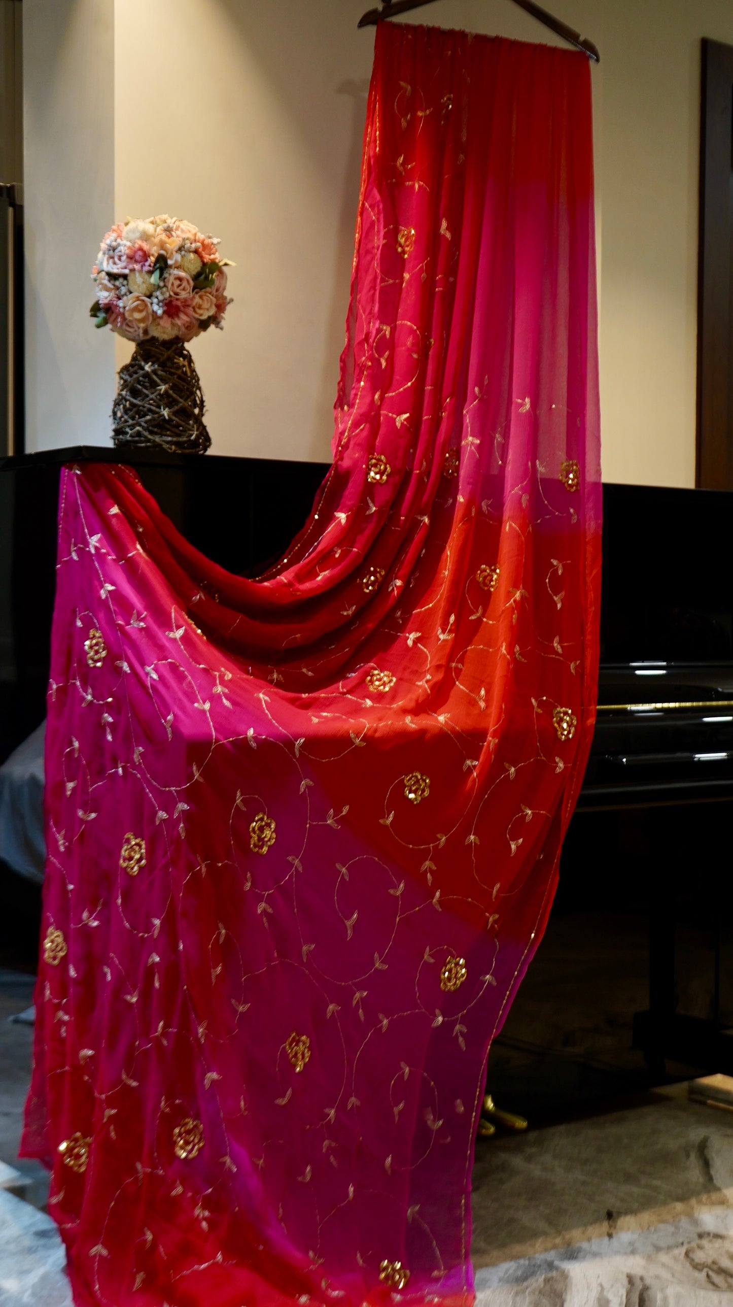 Crimson Blossom Chiffon Saree in Red-Rani Ombre with Kasab Jaal & Sequin Floral Embroidery