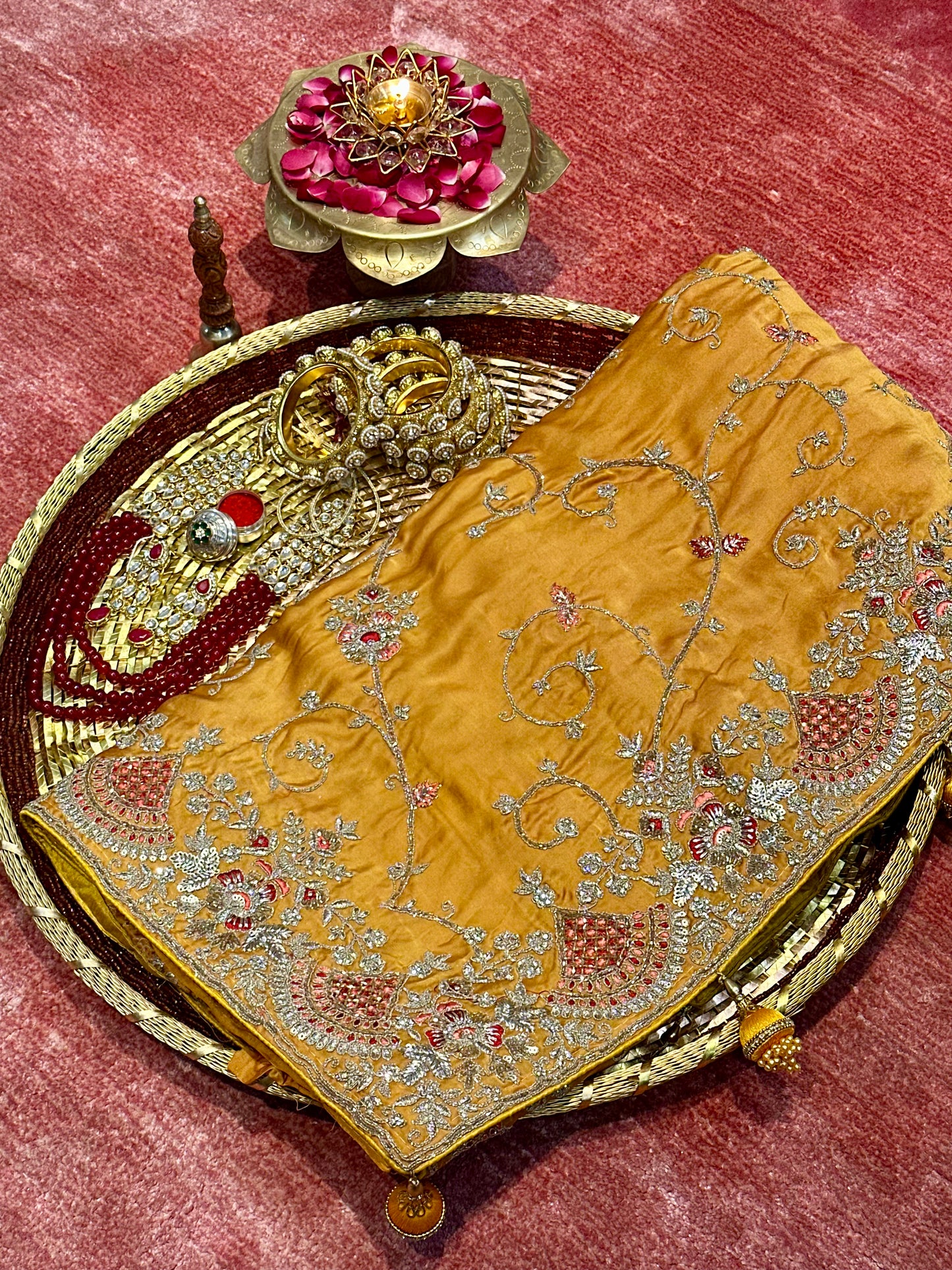 Golden Radiance Satin Crepe Saree with Heavy Zardozi Embroidery