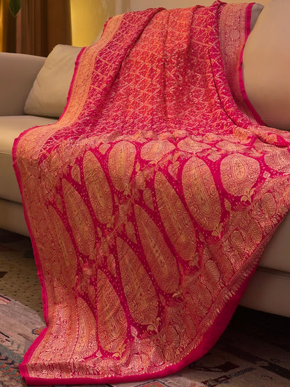 Sunset Bliss Georgette Khadi Saree with Jamnagri Rai Bandhej