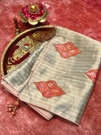 Golden Stripes Tissue Saree with Patchwork Pallu & Red Blouse