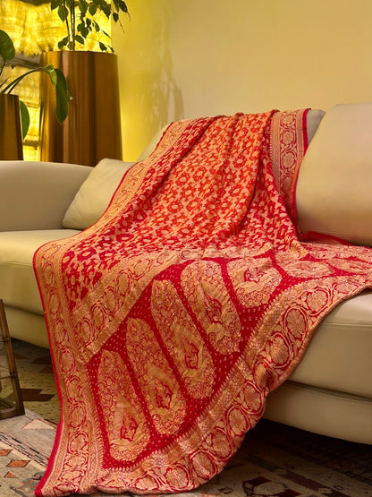 Crimson Ember Georgette Khadi Saree with Jamnagri Rai Bandhej