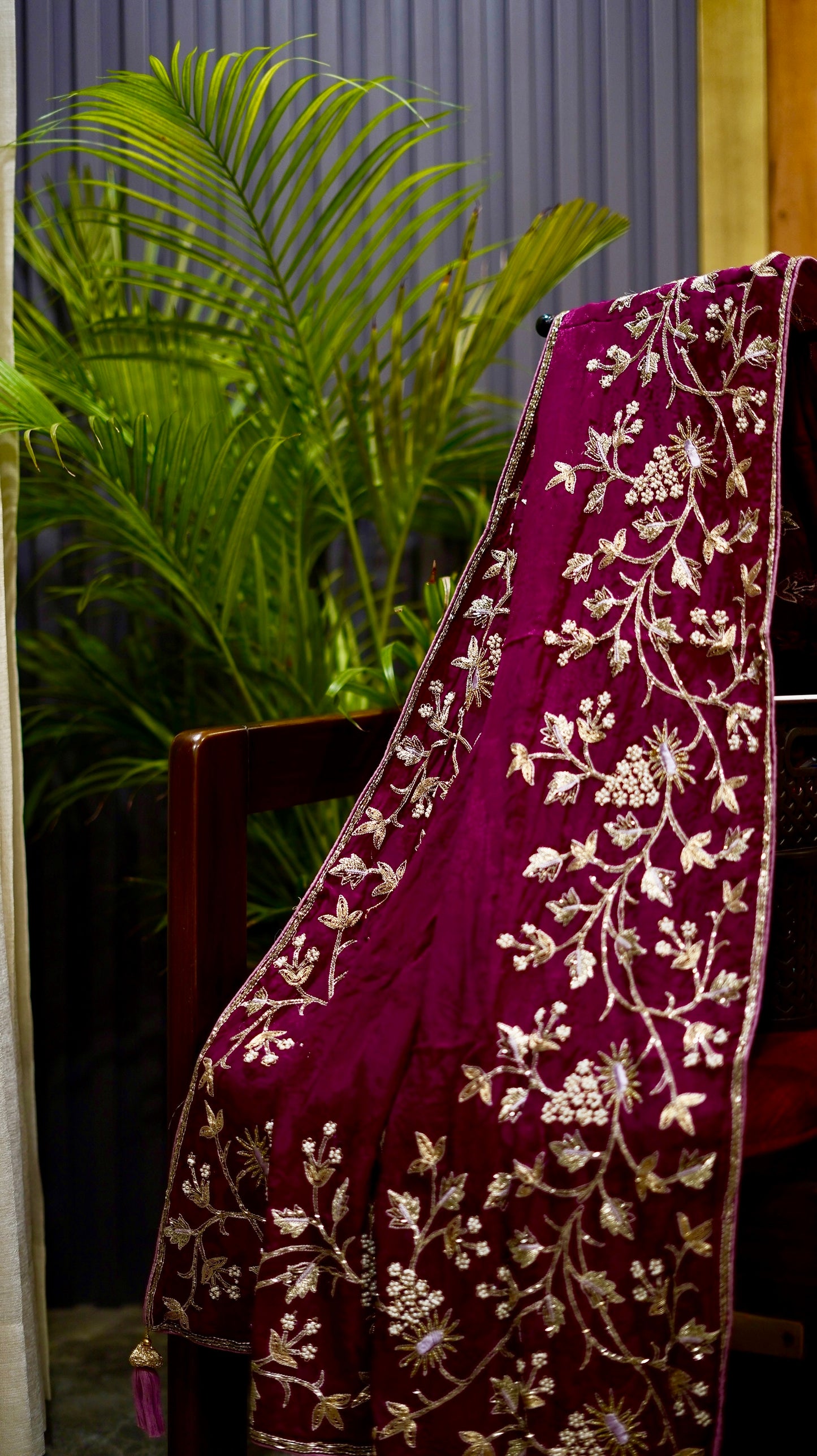 Wine Majesty Self-Jacquard Saree with Pearl & Zardozi Embroidery