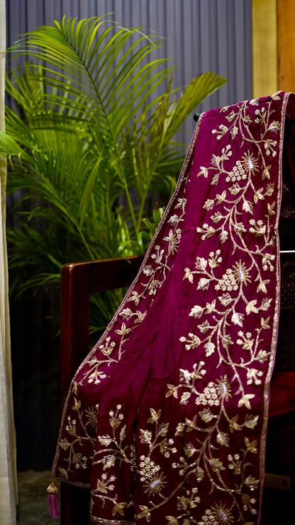 Wine Majesty Self-Jacquard Saree with Pearl & Zardozi Embroidery