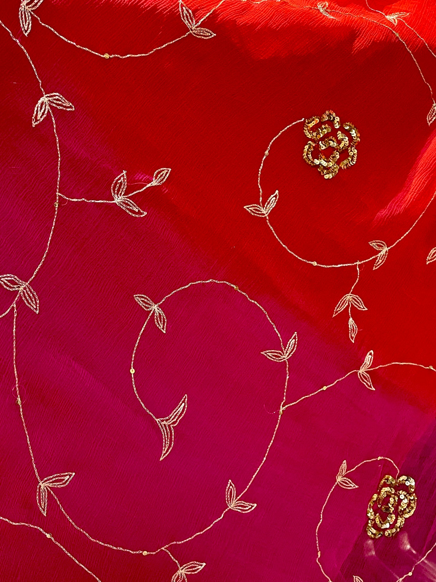 Crimson Blossom Chiffon Saree in Red-Rani Ombre with Kasab Jaal & Sequin Floral Embroidery