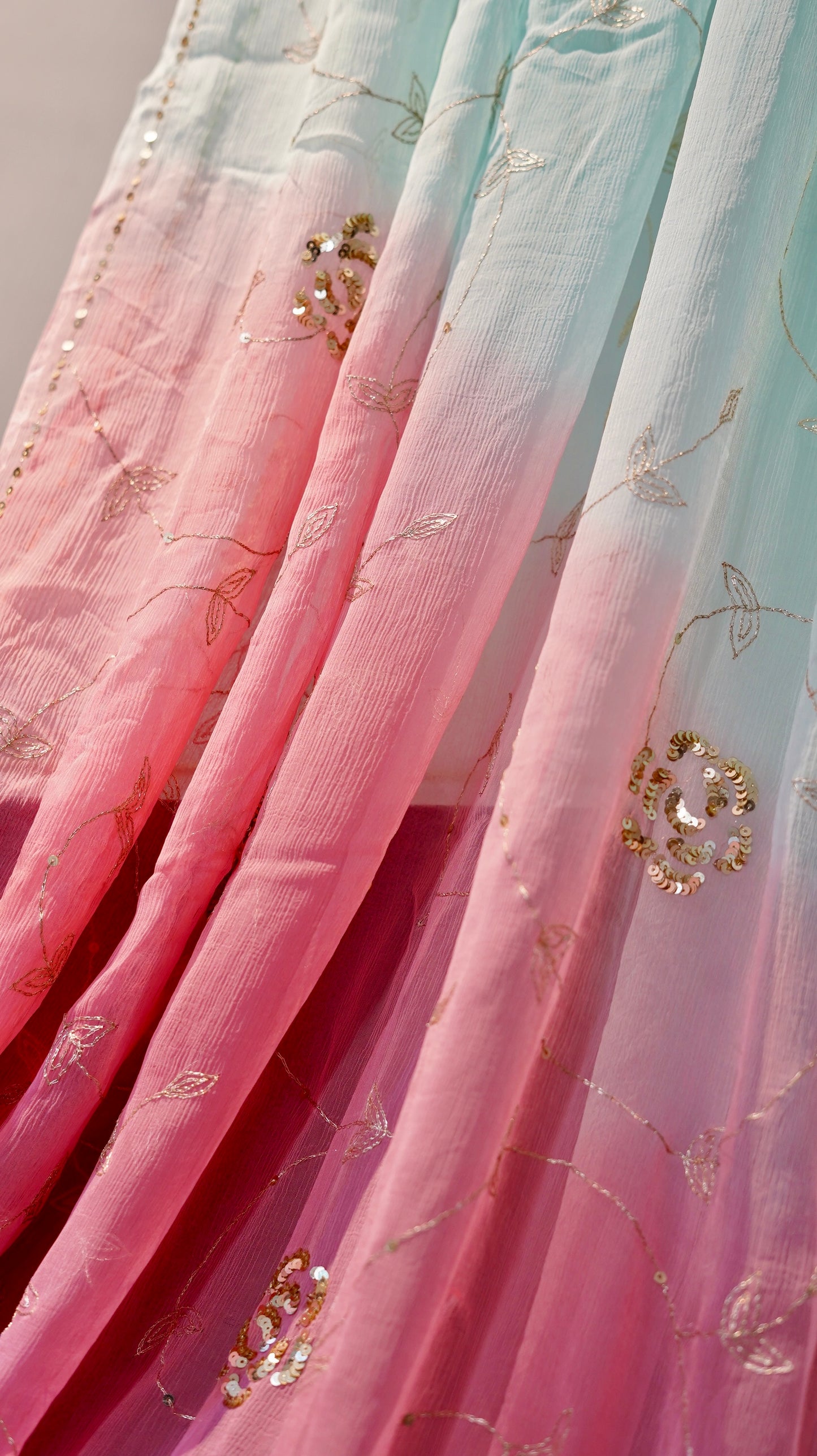 Celestial Cascade Chiffon Saree in Blue-Pink Ombre with Kasab Jaal & Sequin Floral Motifs