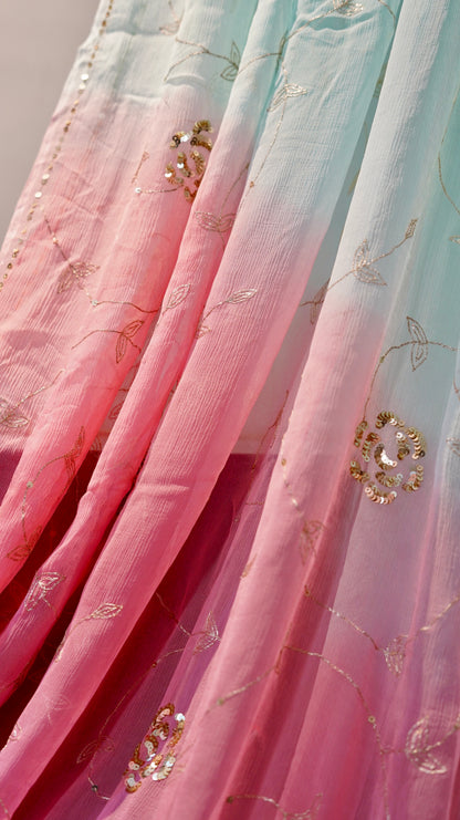 Celestial Cascade Chiffon Saree in Blue-Pink Ombre with Kasab Jaal & Sequin Floral Motifs