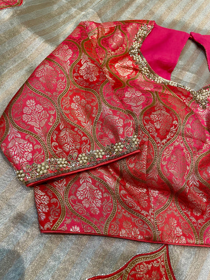 Golden Stripes Tissue Saree with Patchwork Pallu & Red Blouse