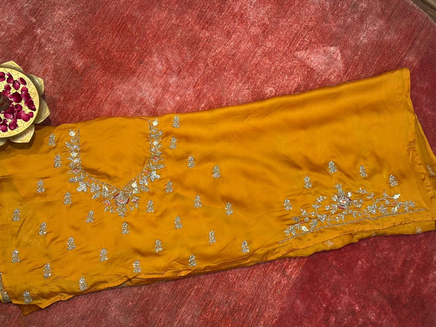 Golden Radiance Satin Crepe Saree with Heavy Zardozi Embroidery