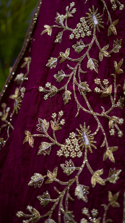 Wine Majesty Self-Jacquard Saree with Pearl & Zardozi Embroidery