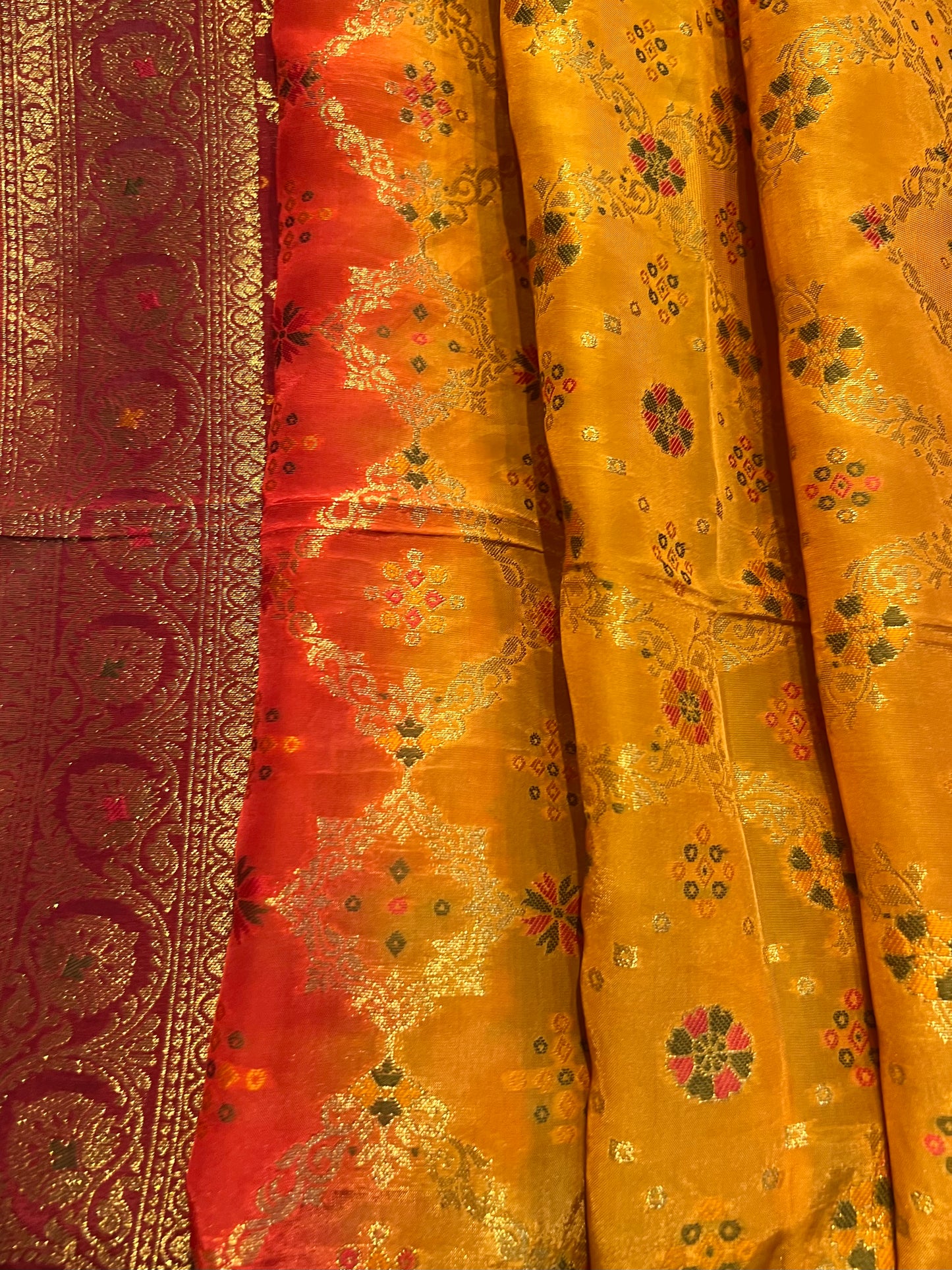 Maroon Sunrise Silk Saree with 3-Dye Bandhej & Jacquard Blouse