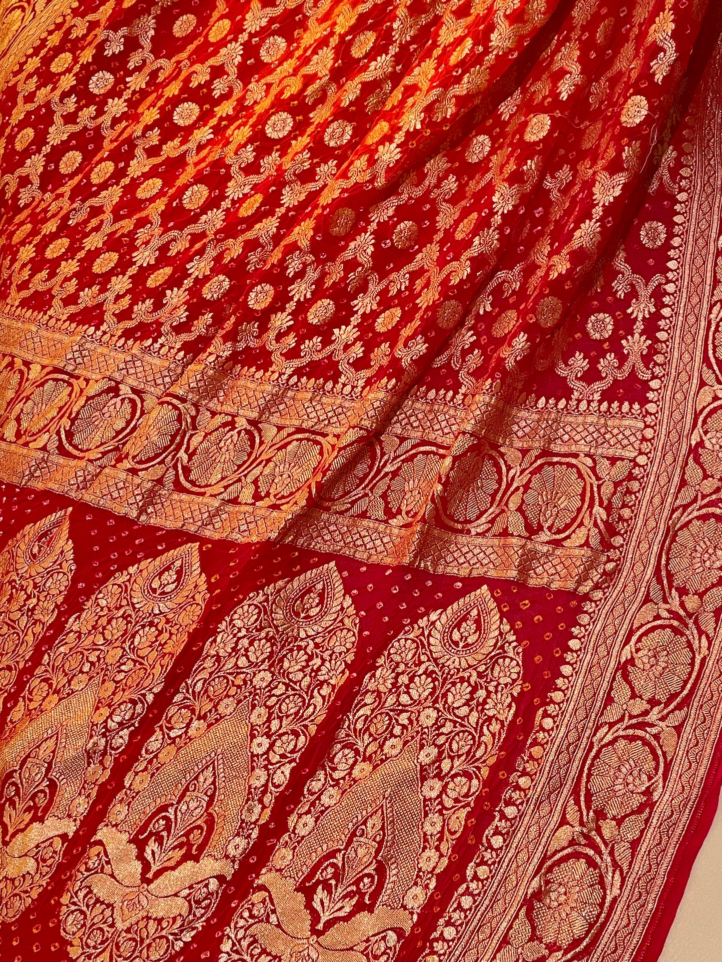 Crimson Ember Georgette Khadi Saree with Jamnagri Rai Bandhej