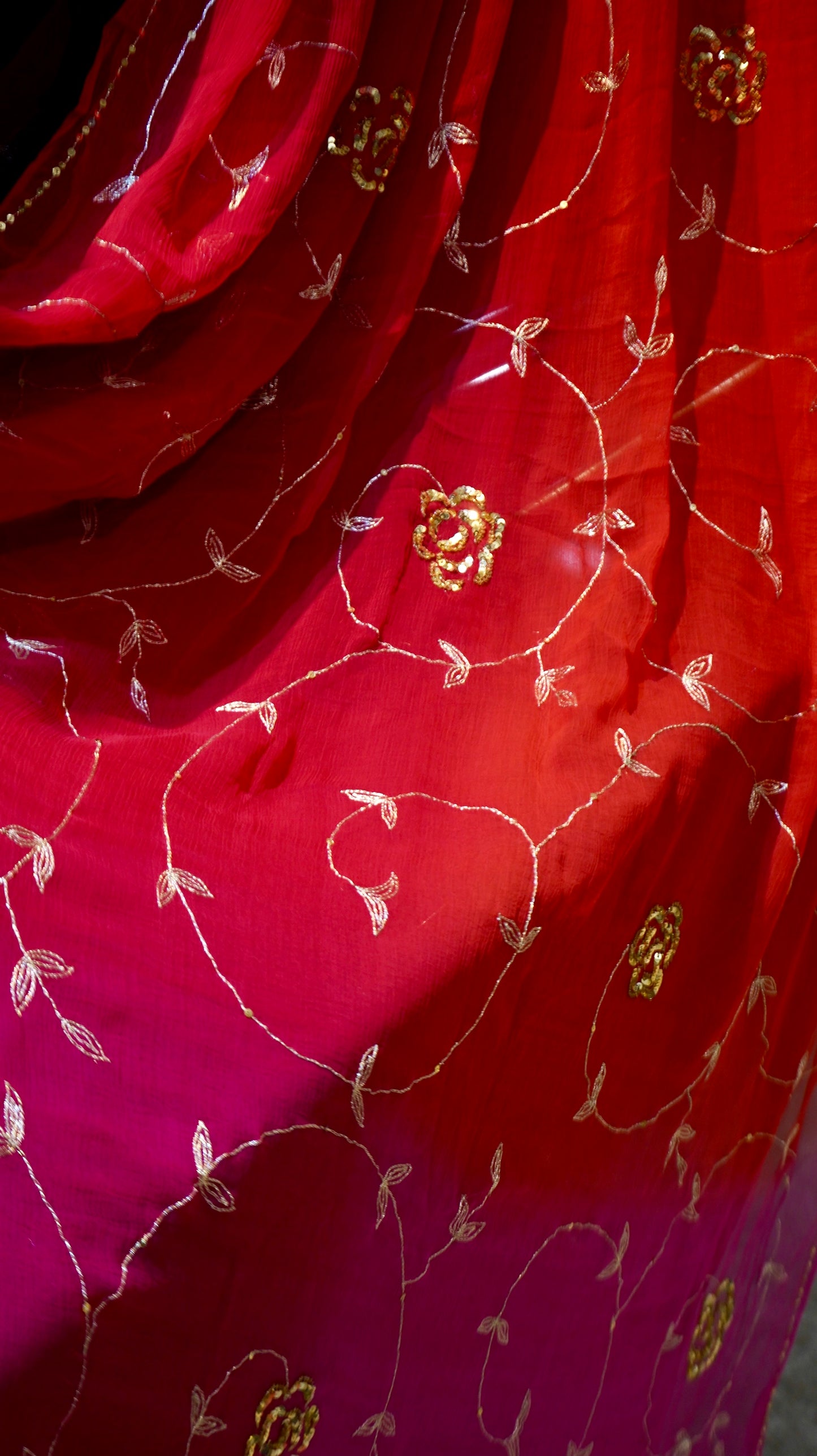 Crimson Blossom Chiffon Saree in Red-Rani Ombre with Kasab Jaal & Sequin Floral Embroidery