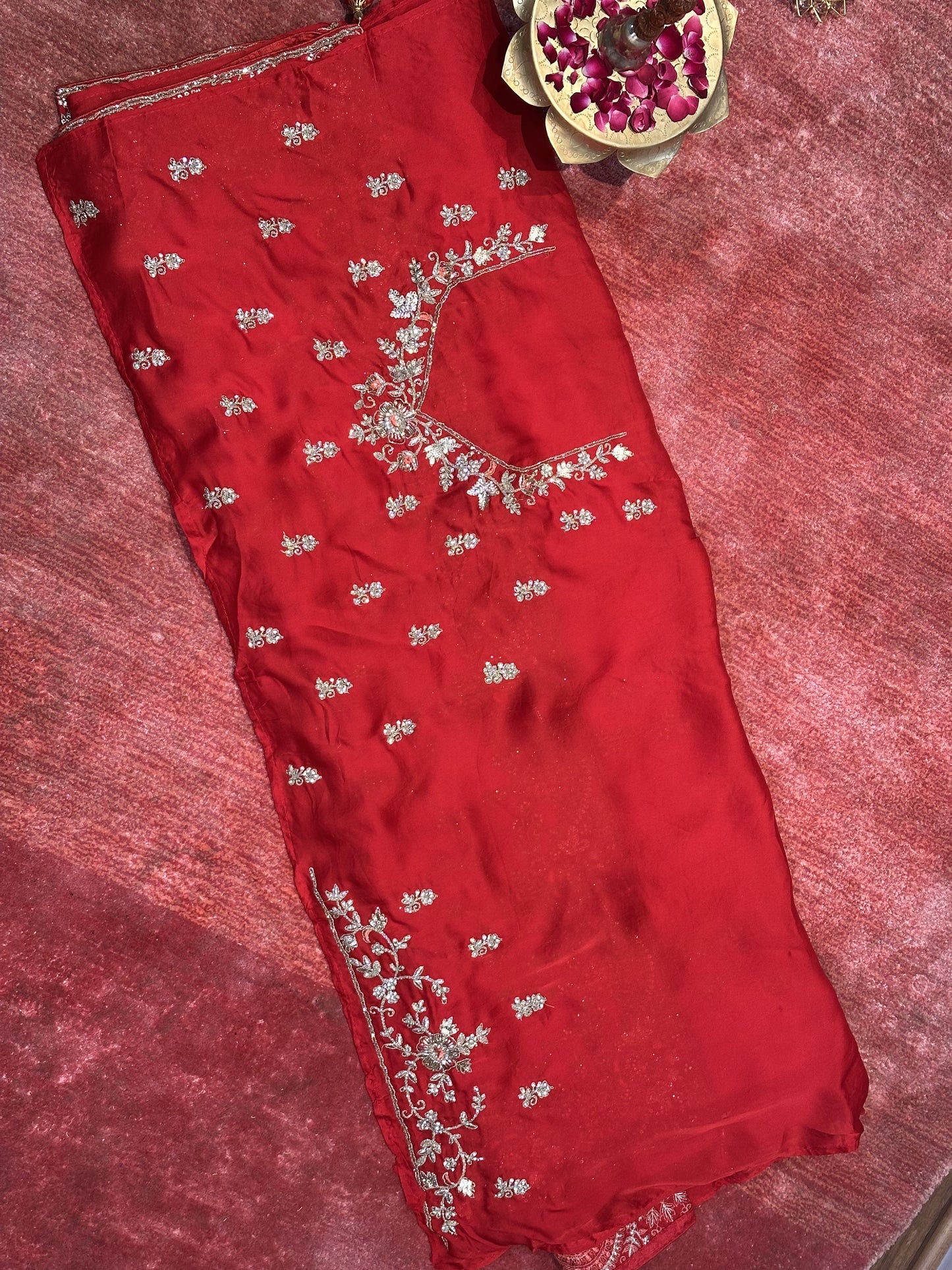 Crimson Majesty Satin Crepe Saree with Heavy Zardozi Embroidery