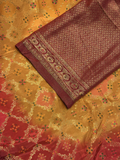 Maroon Sunrise Silk Saree with 3-Dye Bandhej & Jacquard Blouse