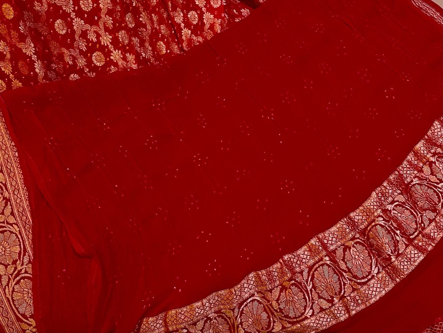 Crimson Ember Georgette Khadi Saree with Jamnagri Rai Bandhej