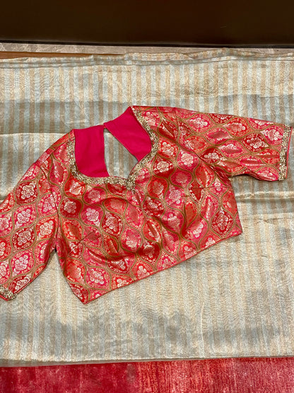 Golden Stripes Tissue Saree with Patchwork Pallu & Red Blouse