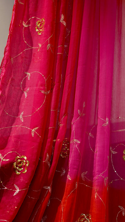 Crimson Blossom Chiffon Saree in Red-Rani Ombre with Kasab Jaal & Sequin Floral Embroidery