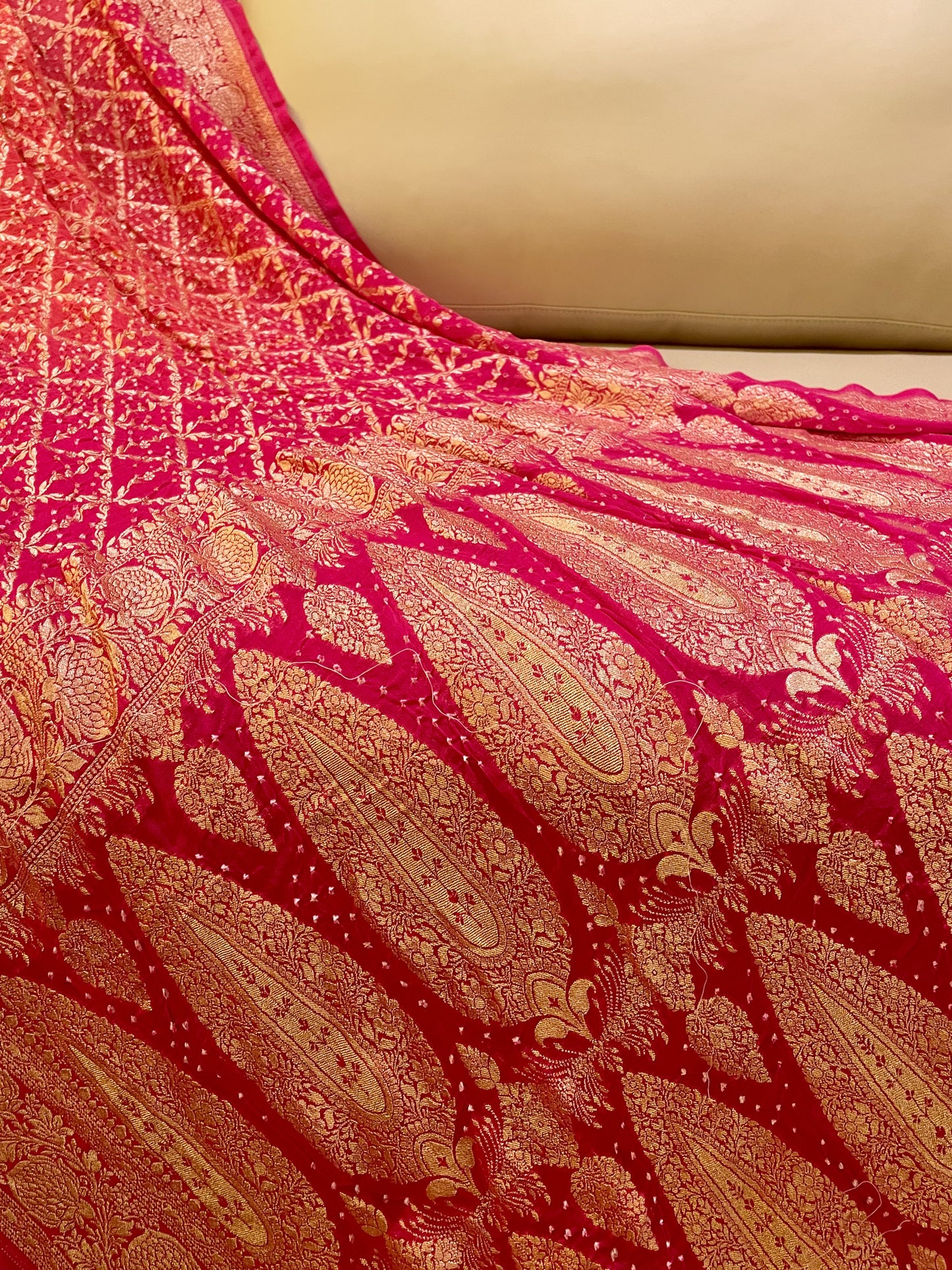 Crimson Ember Georgette Khadi Saree with Jamnagri Rai Bandhej