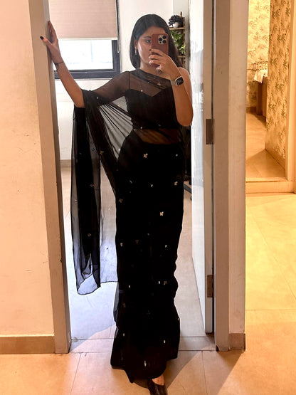 Midnight Glow – Black Chiffon Saree with Delicate Sequin Work